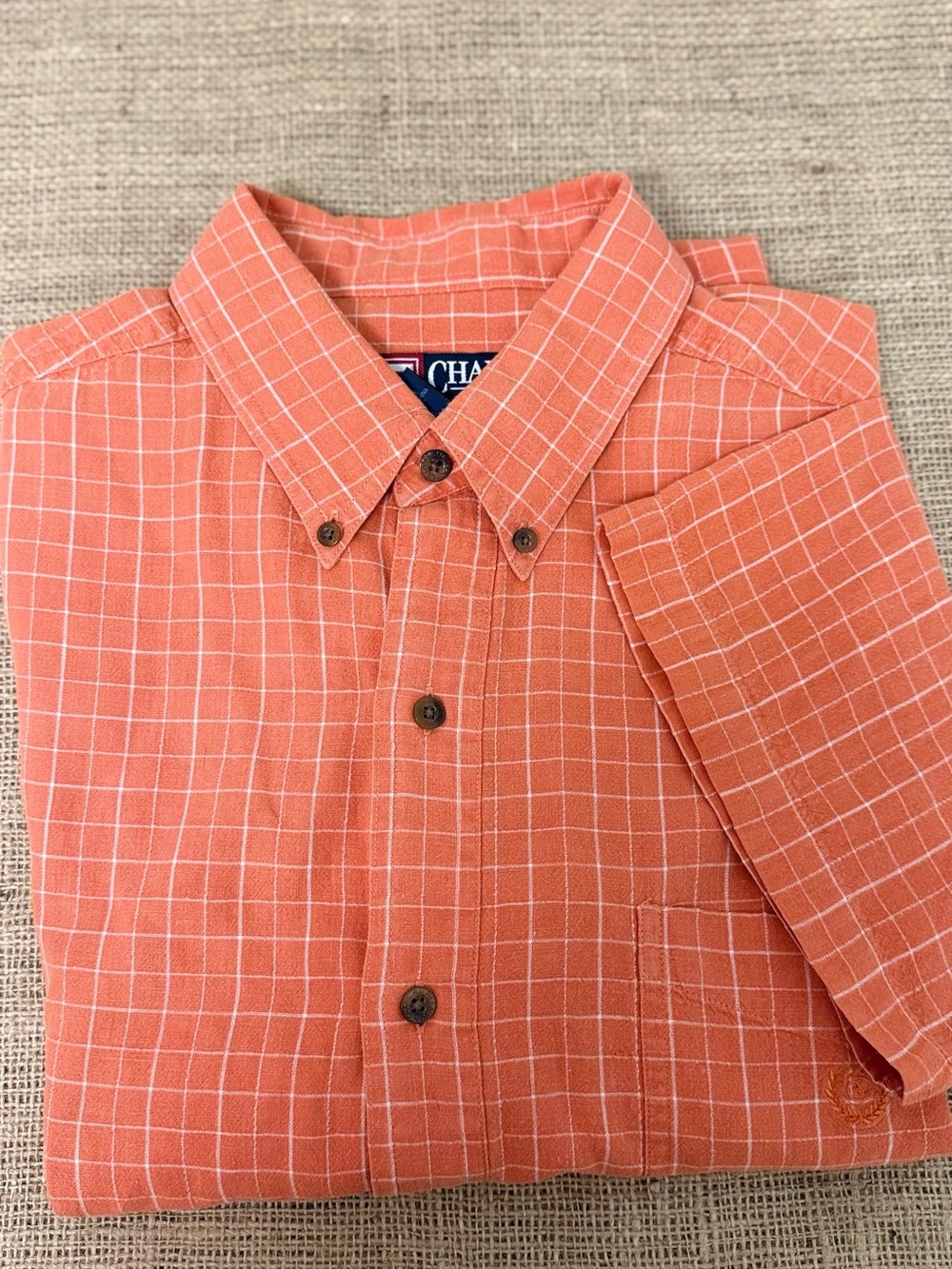 Chaps Ralph Lauren Orange Windowpane Short Sleeve Button-Down Shirt size L/G